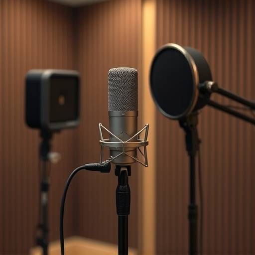 Microphone Neumann U87 Ai sur pied dans la cabine d'enregistrement